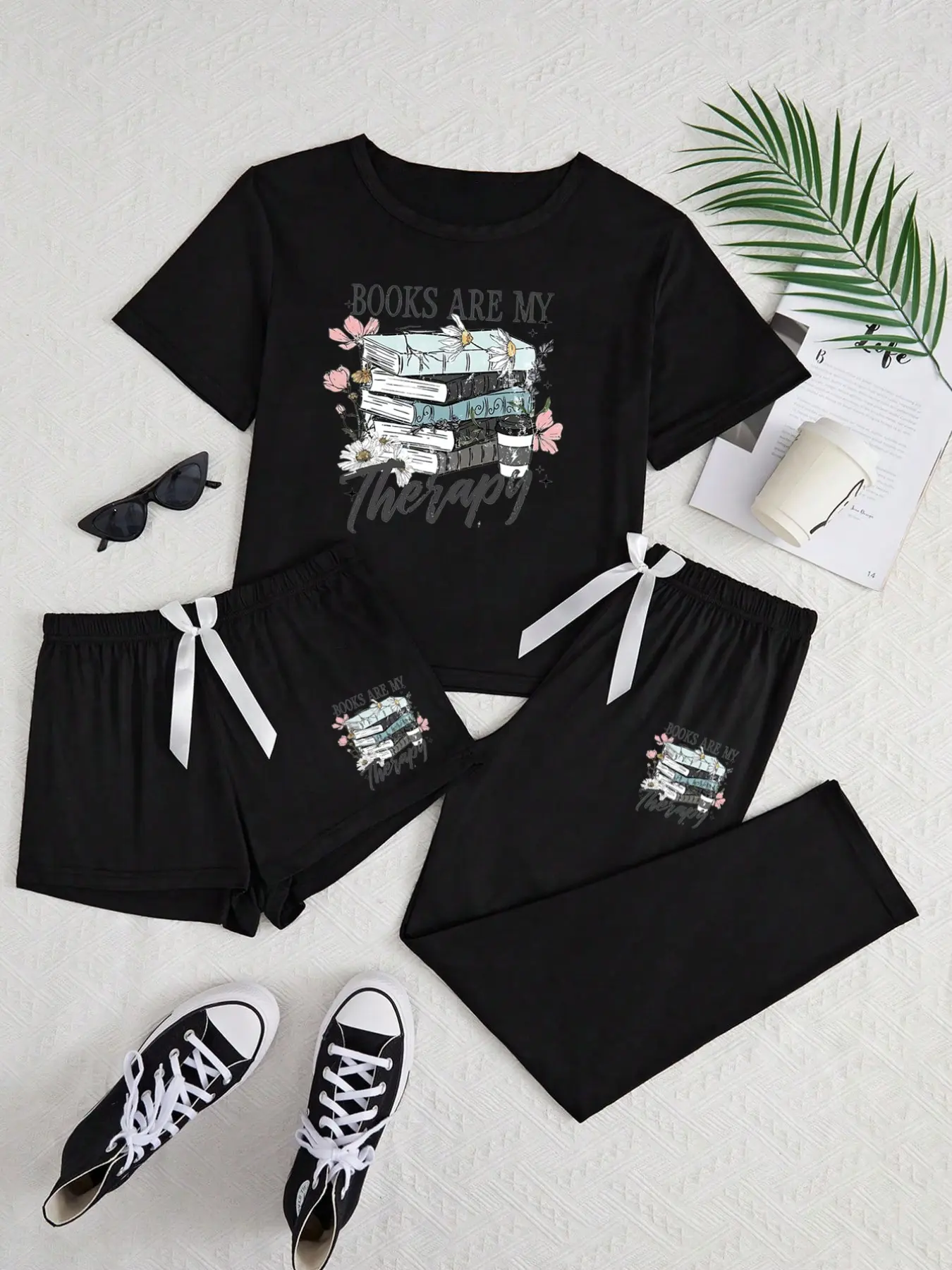 Women's 3-Piece Pajama Set, Book Lovers Print, Soft Comfortable Home Wear, All Seasons, Casual Slim-Fit