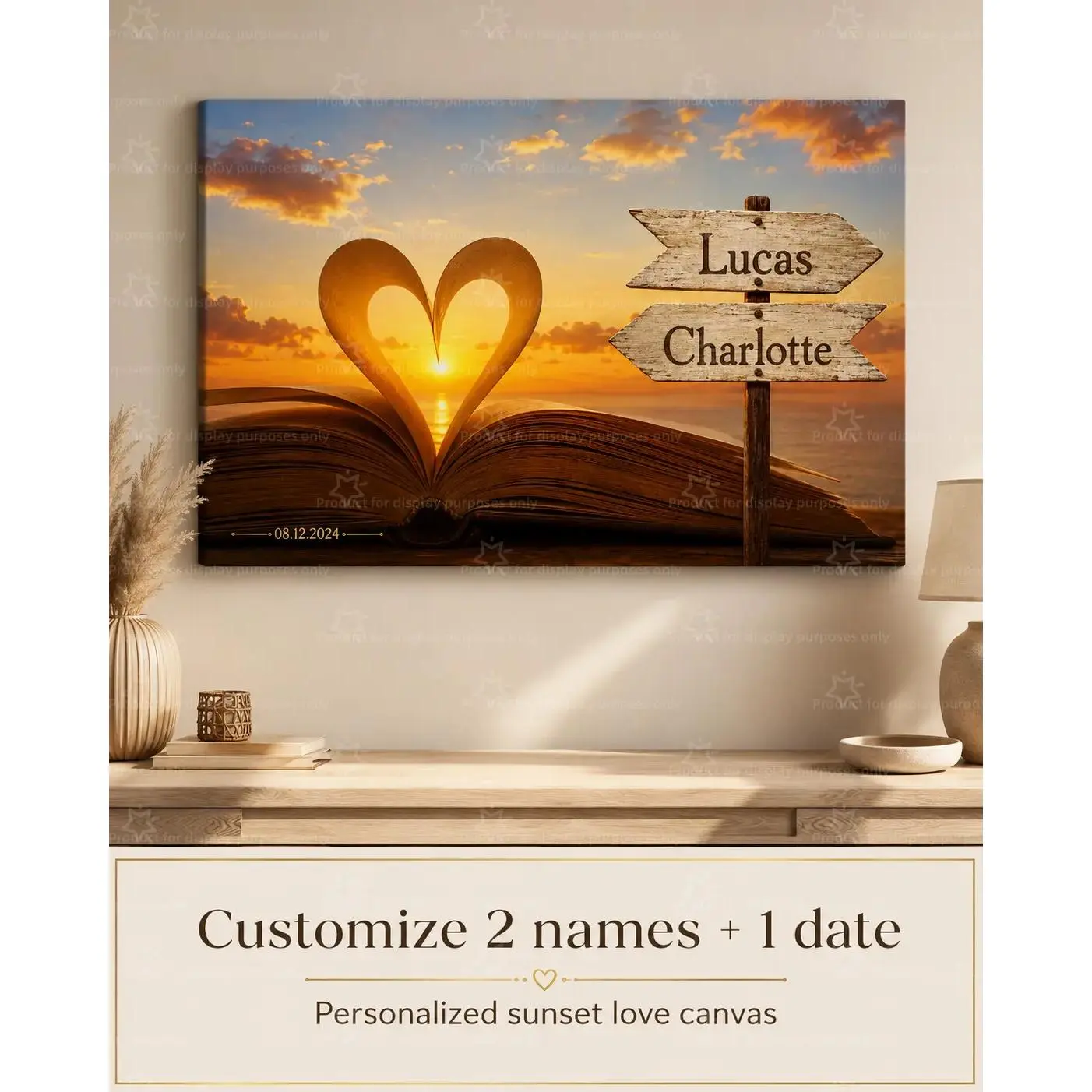 Custom 2 Names 1 Date Sunset Love Canvas Wall Art, Personalized Couple Name Poster Print, Romantic Book Heart Decor for Bedroom Living Room, Anniversary Gift, Decorative Poster, Unframed Canvas Poster or Canvas Wrap