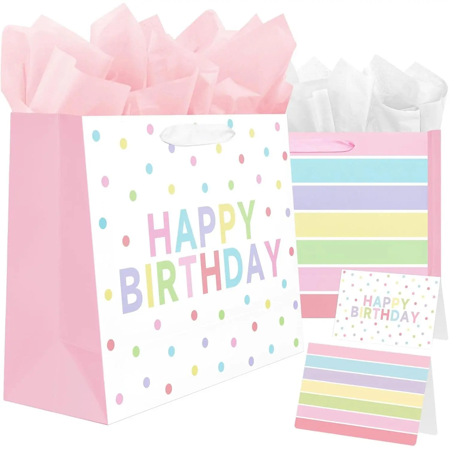 2-Pack 13" Large Happy Birthday  Bags Party with Tissue Paper, Cards for Girls Women Birthday Party Favors Wrap