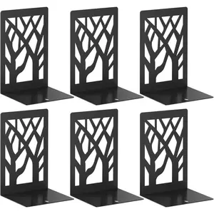 VFINE 6-Piece Modern Metal Bookends for Shelves, Black Tree Book Ends for Books, Decorative Book Organizer for Desk, Non-Skid Shelve Bookends for Home Office