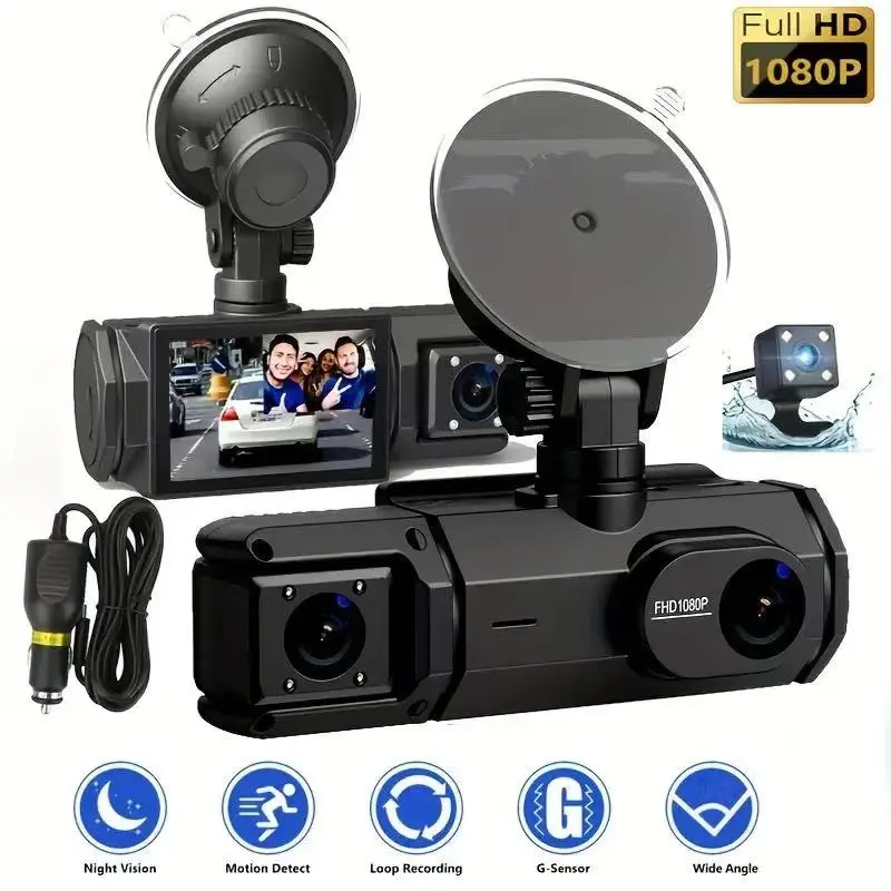 Three-Lens Dash Cam with Free 32GB SD Card, WiFi Enabled, Non-Reusable Battery, Essential for Safe Driving, Car Dvr Camera, Triple Dash Camera, Dashcam for Cars