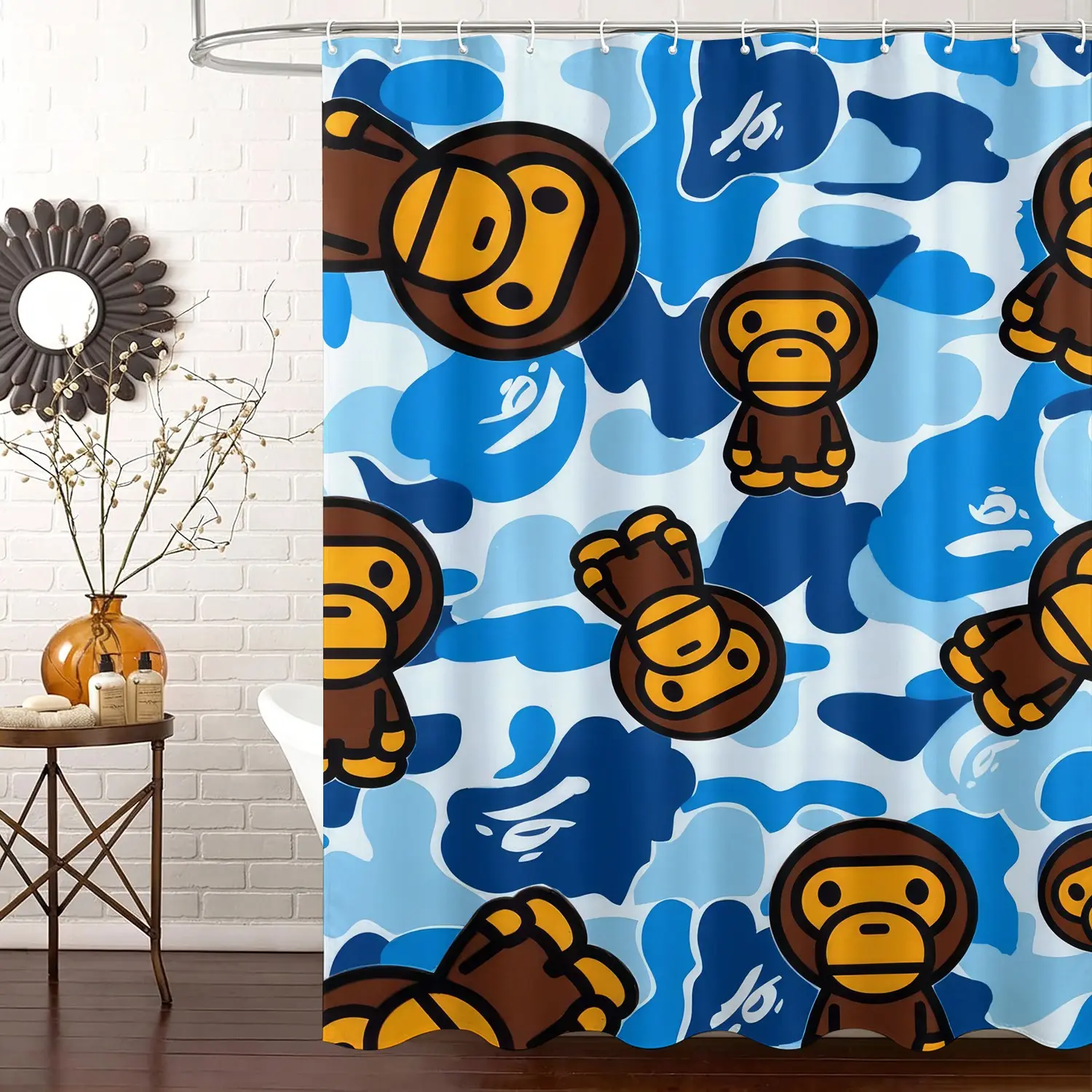 Cartoon Monkey Pattern Decorative Shower Curtain, Blue Camouflage Printed Waterproof Polyester Shower Curtain, Aesthetic Shower Curtain, With Hooks, Street Style Bathroom Decoration Curtain, Suitable For Home Bathroom Decor