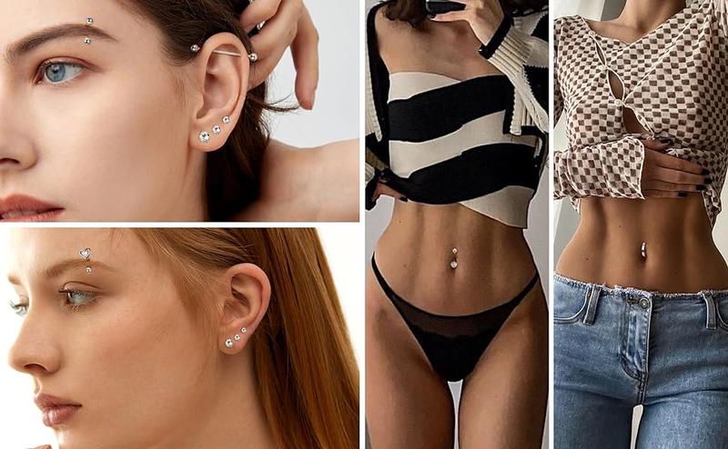 Jstyle 37 Pcs 14G-16G Body Piercing Jewelry for Women 316L Stainless Steel Industiral Cartilage Earrings Clicker Belly Button Rings Lip Eyebrow Rings Horsehoe Septum Rings Body Piercing Jewelry Set Daily