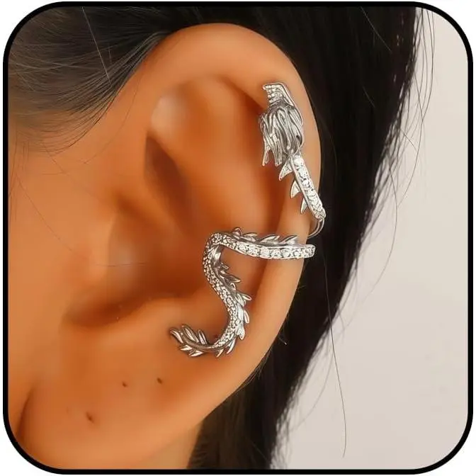 2 PC Dragon Ear Cuff for Women Gold/Silver Dragon Non Piercing Earring Rhinestone Dragon Crawler Earrings Sparkly Animal Cartilage Earrings Punk Costume Jewelry Accessories