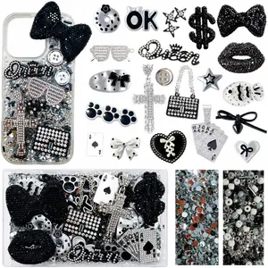 Black Junk Phone Case Charms Kit, Polka Dot  Alloy Pendant,  Polymer Clay Beads for DIY Crafting Accessories