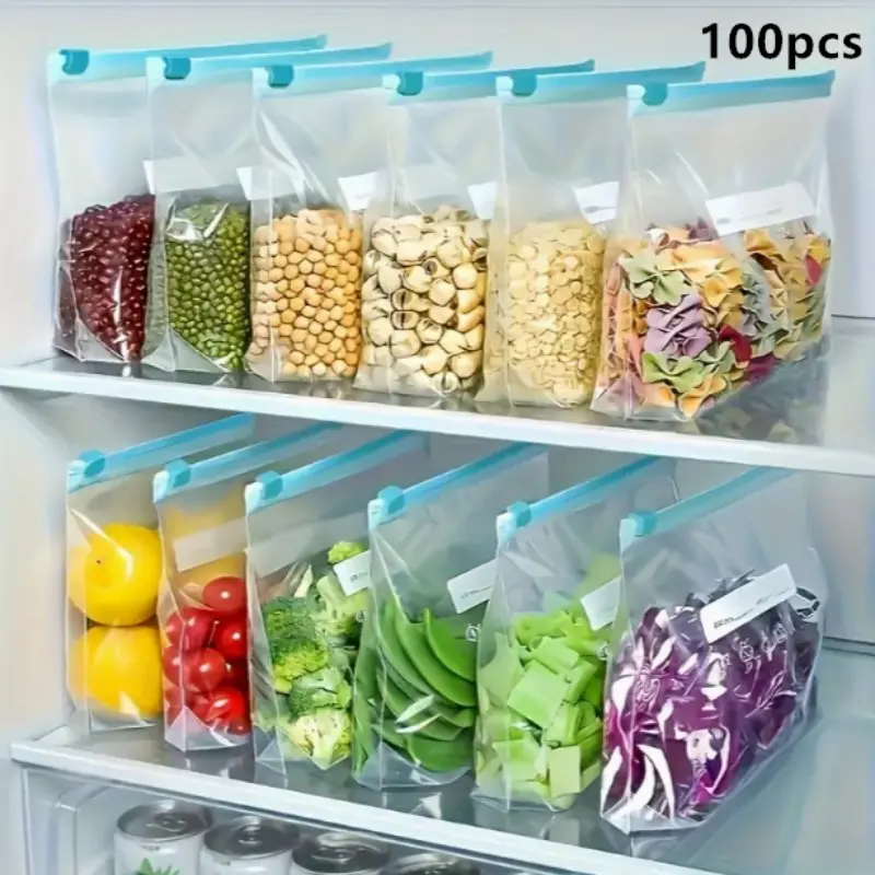 100pcs Clear Zipper Food Storage Bags & Resealable Containers, Three Sizes, Ideal for Fruits, Grains, Vegetables, Meat, Kitchen Organization, Kitchen Accessories