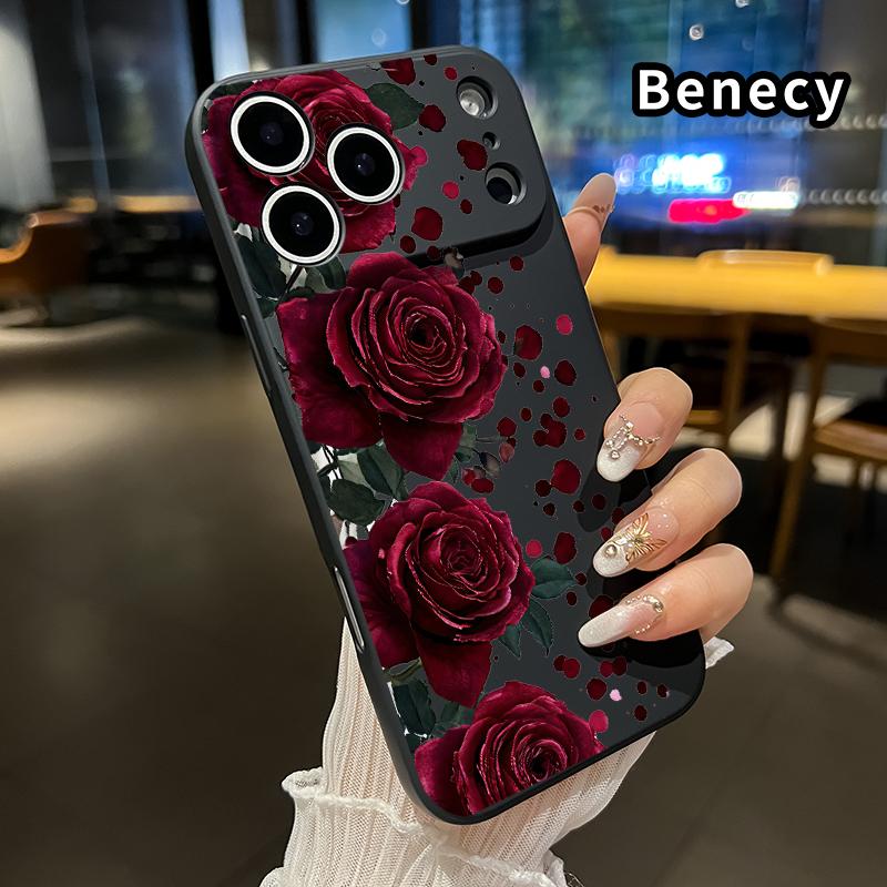 Straight Edge Phone Case for iPhone 17 15 16 14 Pro Max 13 12 11 XR XS Plus Air E Blooming Ruby Roses Pattern Drop Protection Shockproof Soft Liquid Silicone Smartphone Cover