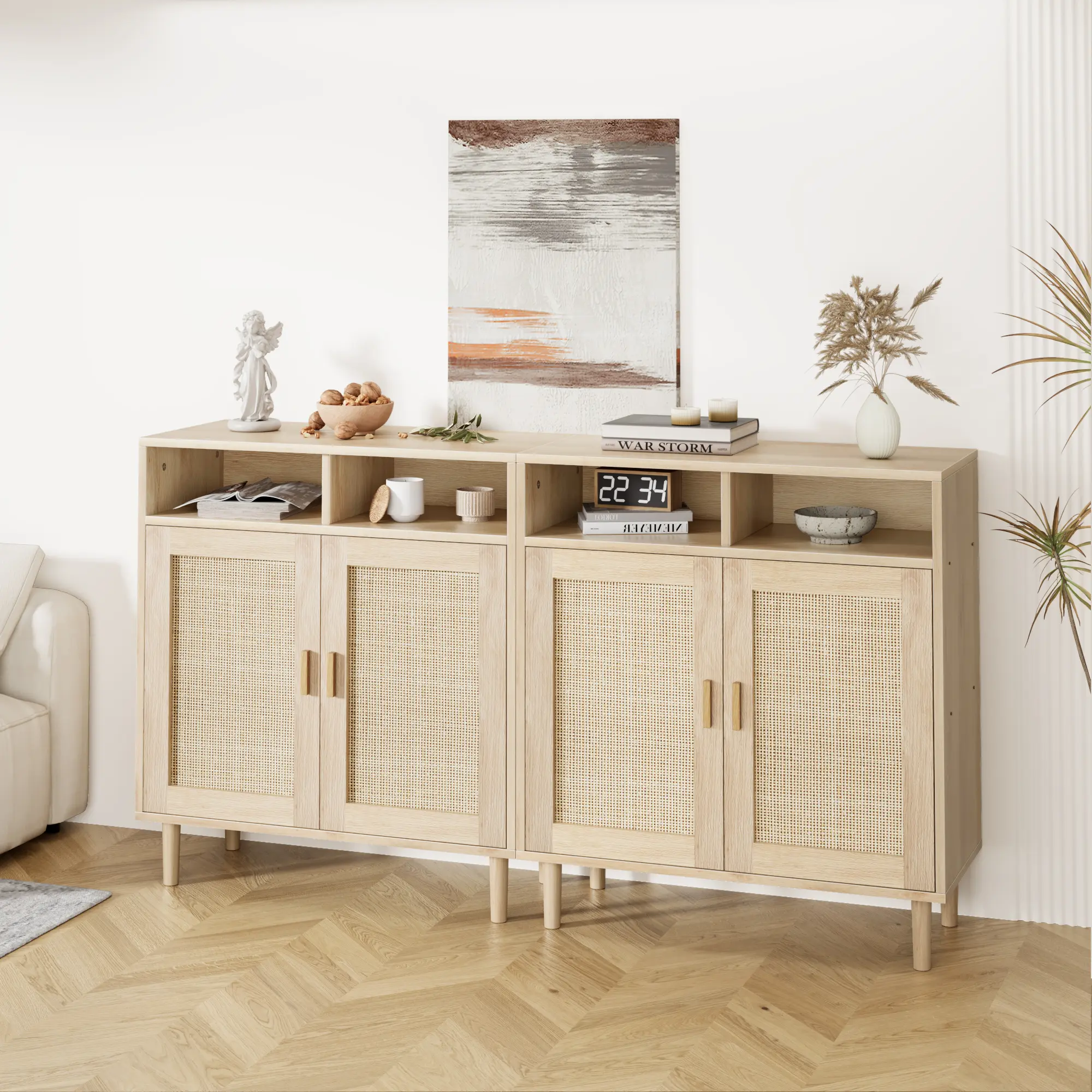 Modern Natural Wood-Look Wood Cabinet Dining Room Furniture - Sturdy Freestanding 4-Door Boho Sideboard with Adjustable Shelves, Rattan Weave Accent, 150 lbs Capacity for Entryway Kitchen Storage