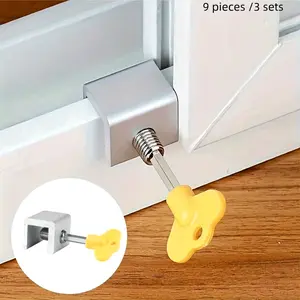9 Pieces/3 Sets Door and Window Limit Clips, Sliding Window Lock with Protective Pad, Key Lock, Metal Structure, No Drill, Easy Install