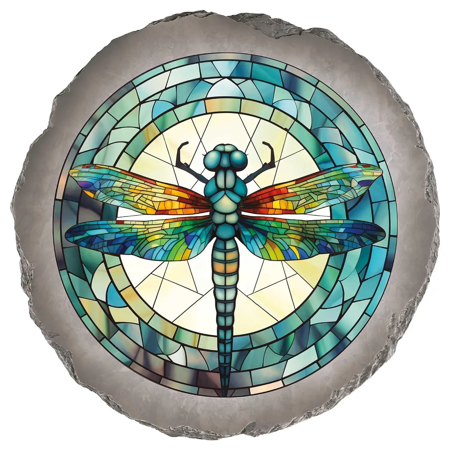 10-Inch Stained Glass Dragonfly Decorative Stepping Stone – Jewel Toned Resin Garden Walkway Tile – Tiffany Style Mosaic Outdoor Accent