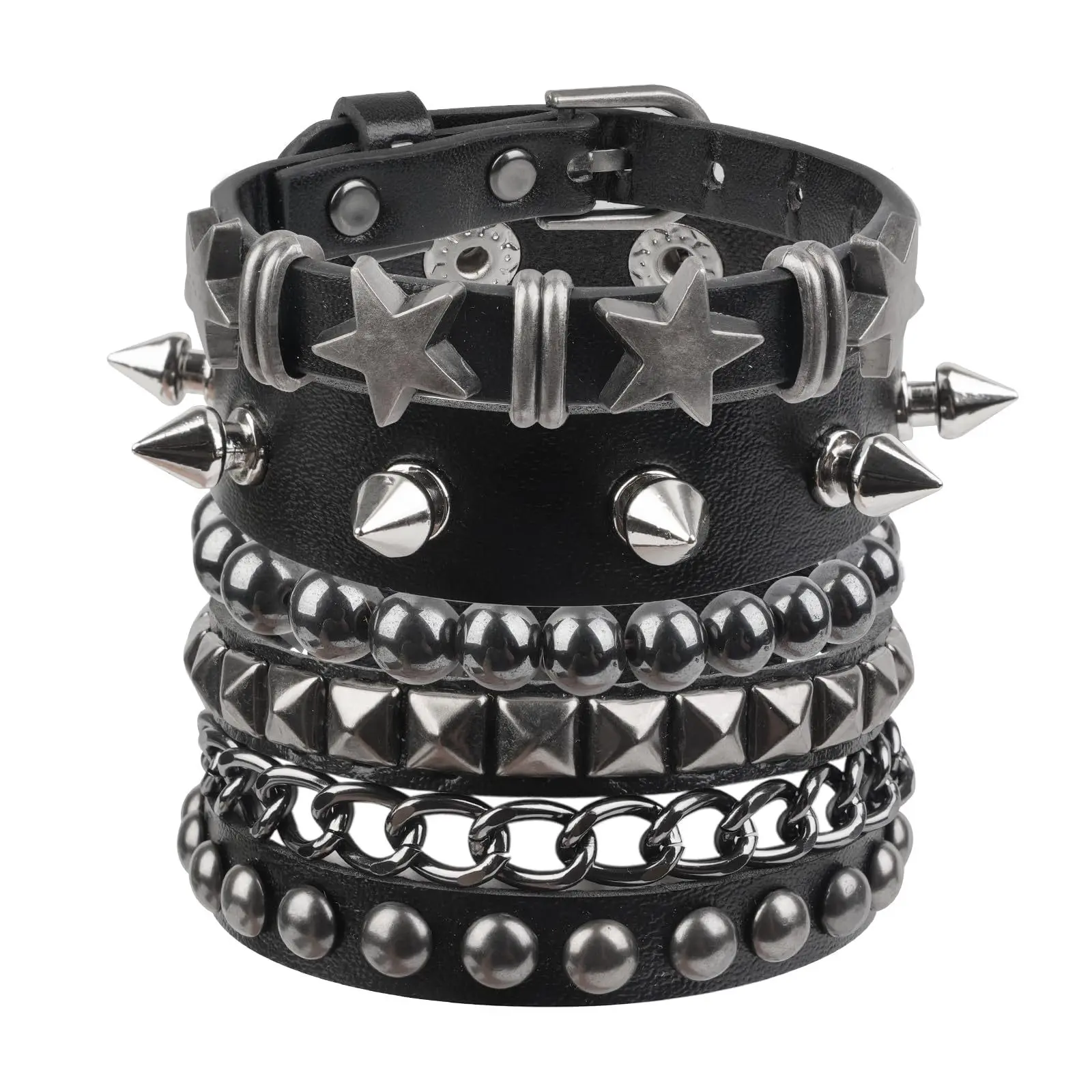 4PCS Punk Studded Bracelets Set, Multi-layer Spiked Bracelets,Emo Accessories for 80s 90s | Punk Spike Bracelet,Y2K Gothic Bracelets,Star Leather Cuff Bracelets for Men Women Halloween Wristband