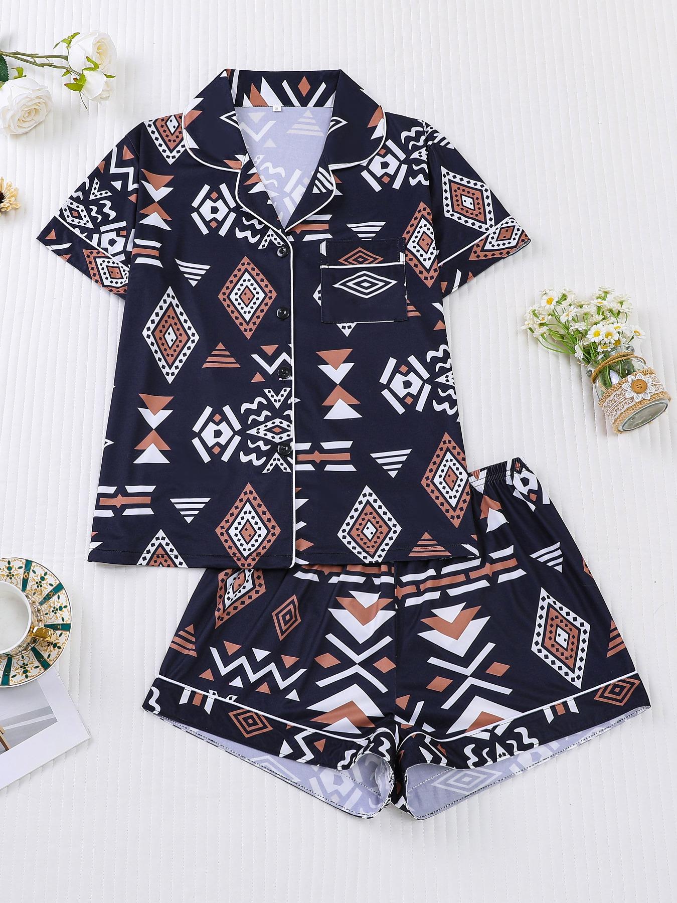 Women's Button Up Shirt & Shorts Pyjama, Casual Comfy Short Sleeve Top & Shorts PJ Set, Ladies Sleepwear for All Seasons, Loungewear, Pajamas