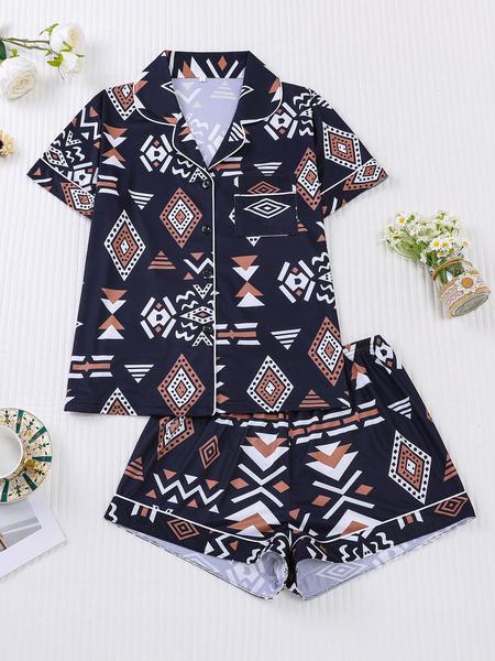 Women's Button Up Shirt & Shorts Pyjama, Casual Comfy Short Sleeve Top & Shorts PJ Set, Ladies Sleepwear for All Seasons, Loungewear, Pajamas