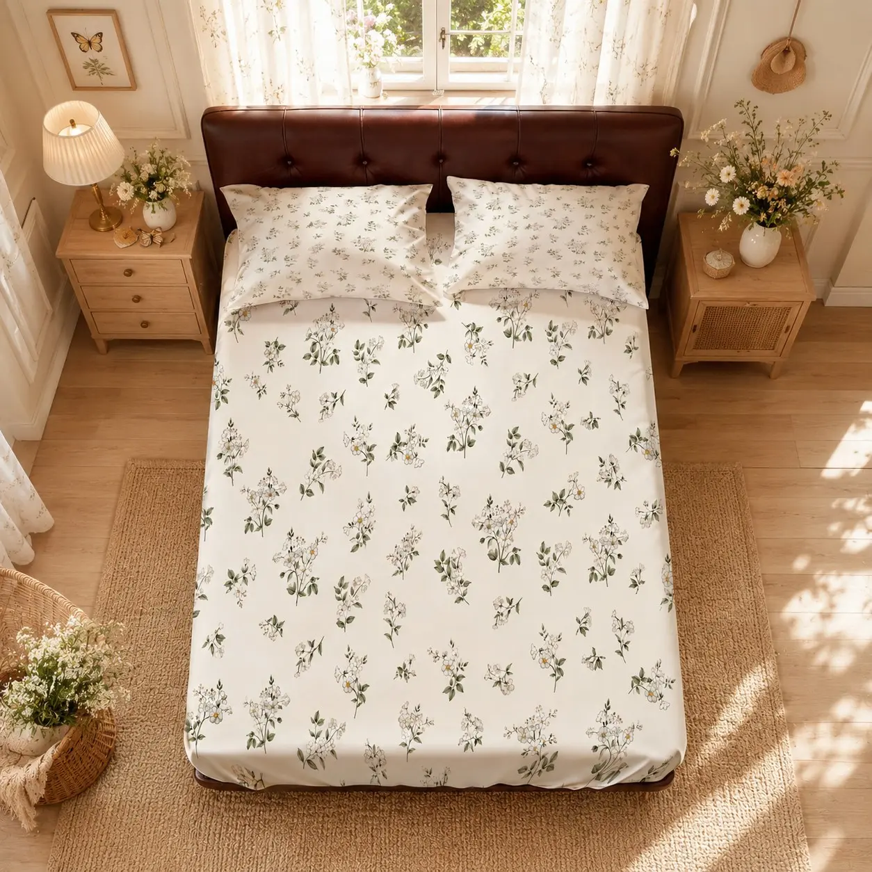 3 Pieces Vintage Cottagecore White Wild Floral Fitted Sheet Set, Watercolor Tiny White Flower Country Bed Linen, 1 Fitted Sheet + 2 Pillowcases, Without Pillow Inserts, Spring Farmhouse Home Decor Gift for Women & Teen Girls' Dorm & Bedroom