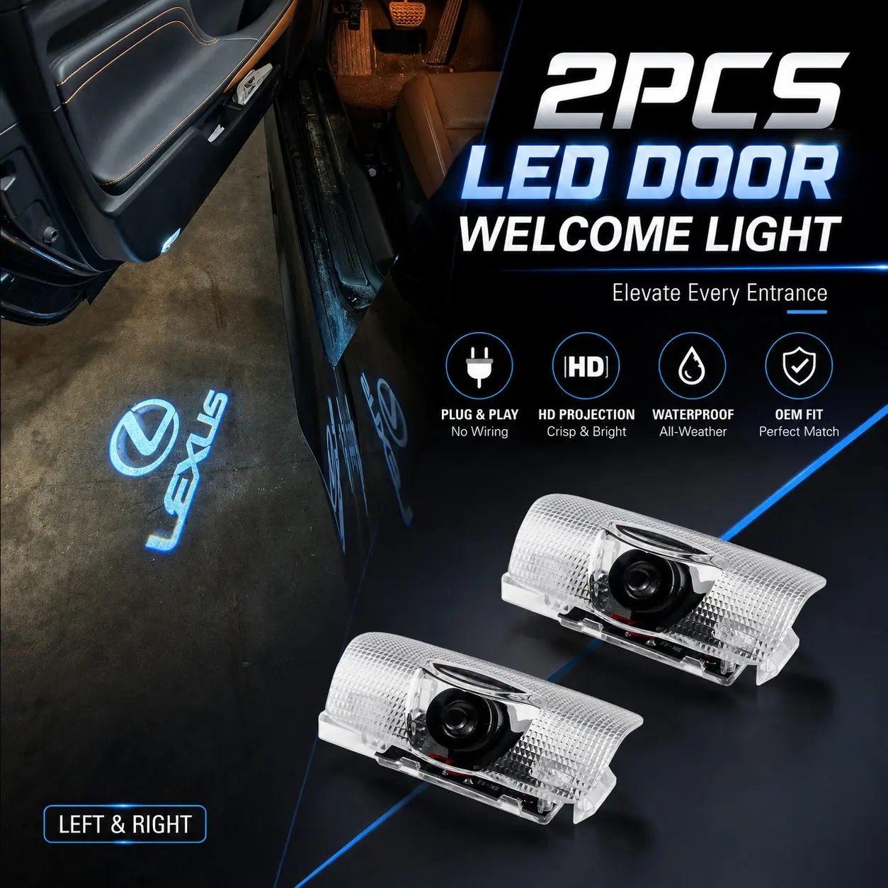 Lexus Car Door Welcome Logo Projector Light | LED Interior Decorative Sign Light | Auto Decorative Light | HD Projection 6500K | 12V 3W CREE LED | Direct Replacement for Lexus RX ES GX LS LX IS GS RC UX200 |