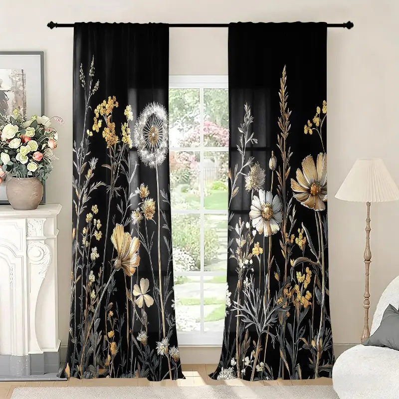2pcs Wildflower Dandelion Print Sheer Curtains, Polyester Semi Transparent, Rod Pocket, Fade Resistant, Hand &, Bedroom Decor