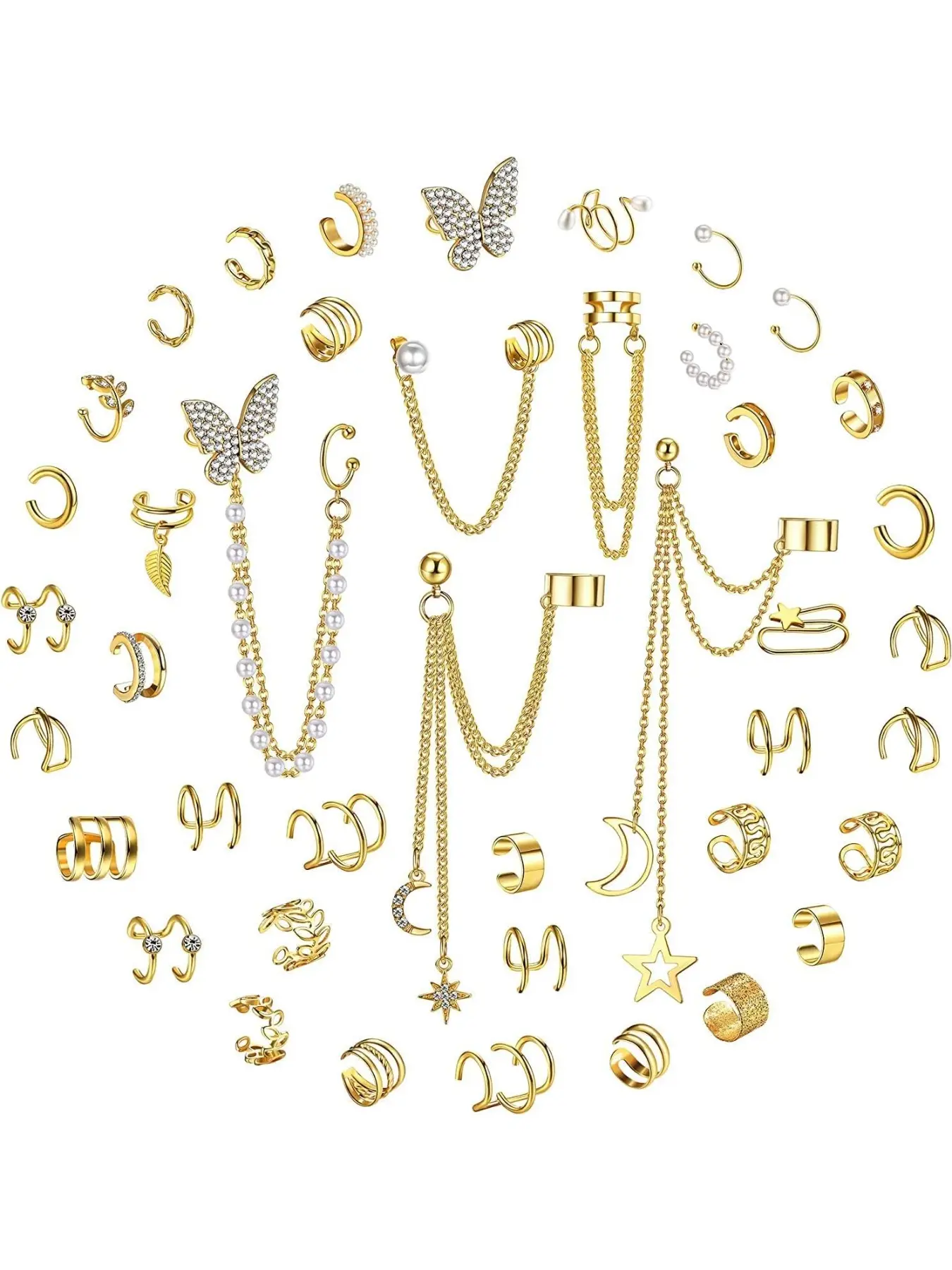 Pack of 42 Ear Cuff Wrap Earrings for Women, Chain Earrings, Butterfly Earrings, Helix Cartilage Clip On, Dangle Earring Set, Fashion Jewelry Accessories