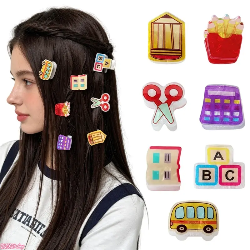 [Back To Shcool]8PCS-Mini Hair Jaw Clips | Viral 2026 New Back To School Hair Accessories, Cute Pencil Book School Bus Tiny Bang Fringe Barrettes, Portable Kids Hair Decor for Tame Flyaways Classroom Daily Student Gift