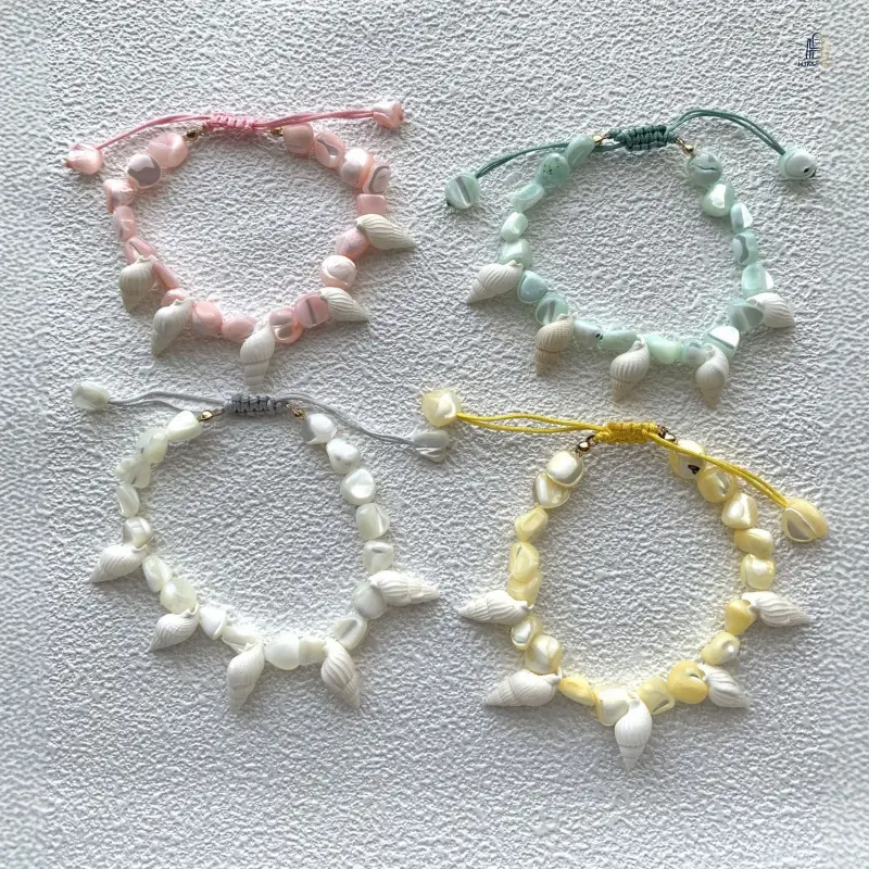 Braided Pull Tie Bracelet| Sweet Ocean Shell Conch Starfish Charm Adjustable Wrist Band, Unique Designer Coastal Stackable Jewelry, Dainty Elegant Cute Accessory for Women Daily Beach Vacation