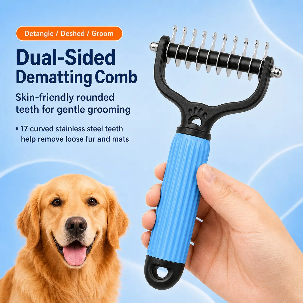Dog and Cat Dematting Comb, Double-Sided 9 & 17 Tooth Grooming Rake, Pet Undercoat Brush for Removing Mats, Tangles, Knots and Shedding Hair