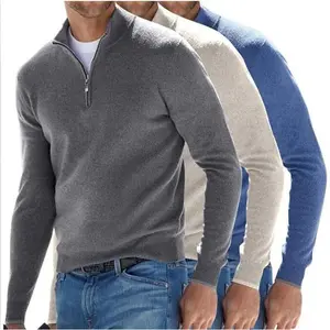 2026 European and American popular long-sleeved cashmere sweater for men, autumn and winter new style, stand collar zipper solid color pullover, casual top for men.