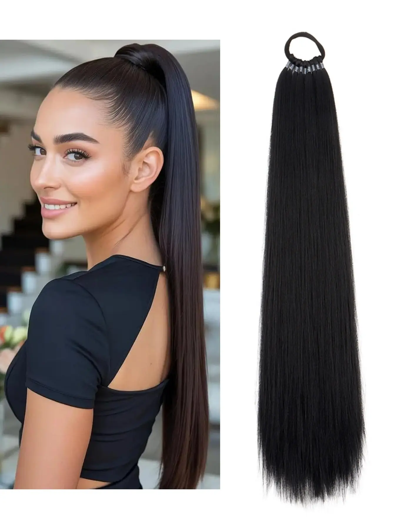 10 Strands Fish Line Braids Ponytail Hair Extensions, 22inch Long Straight High Temperature Fiber Synthetic Ponytail, 100g Natural color Easy Install Elastic Band Braided Hair For Women Daily Party Styling
