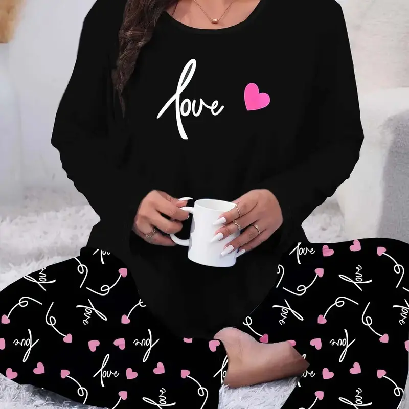 Plus Size Two-Piece Set Heart Print Tee & All Over Print Elastic Waist Pants Pyjama Set, Soft Comfortable Long Sleeve Round Neck T-shirt & Trousers Loungewear Set, Women's Sleepwear for Spring & Fall Pajama Set