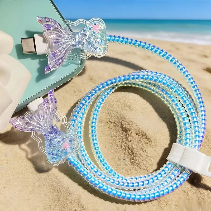 4Pcs Shiny Fish Tail Charging Cable Protector, Anti-Break Cable Saver Cover, Cute Aesthetic Cable Winder Cord Protector For iPhone Lightning & Type-C Charger Cable