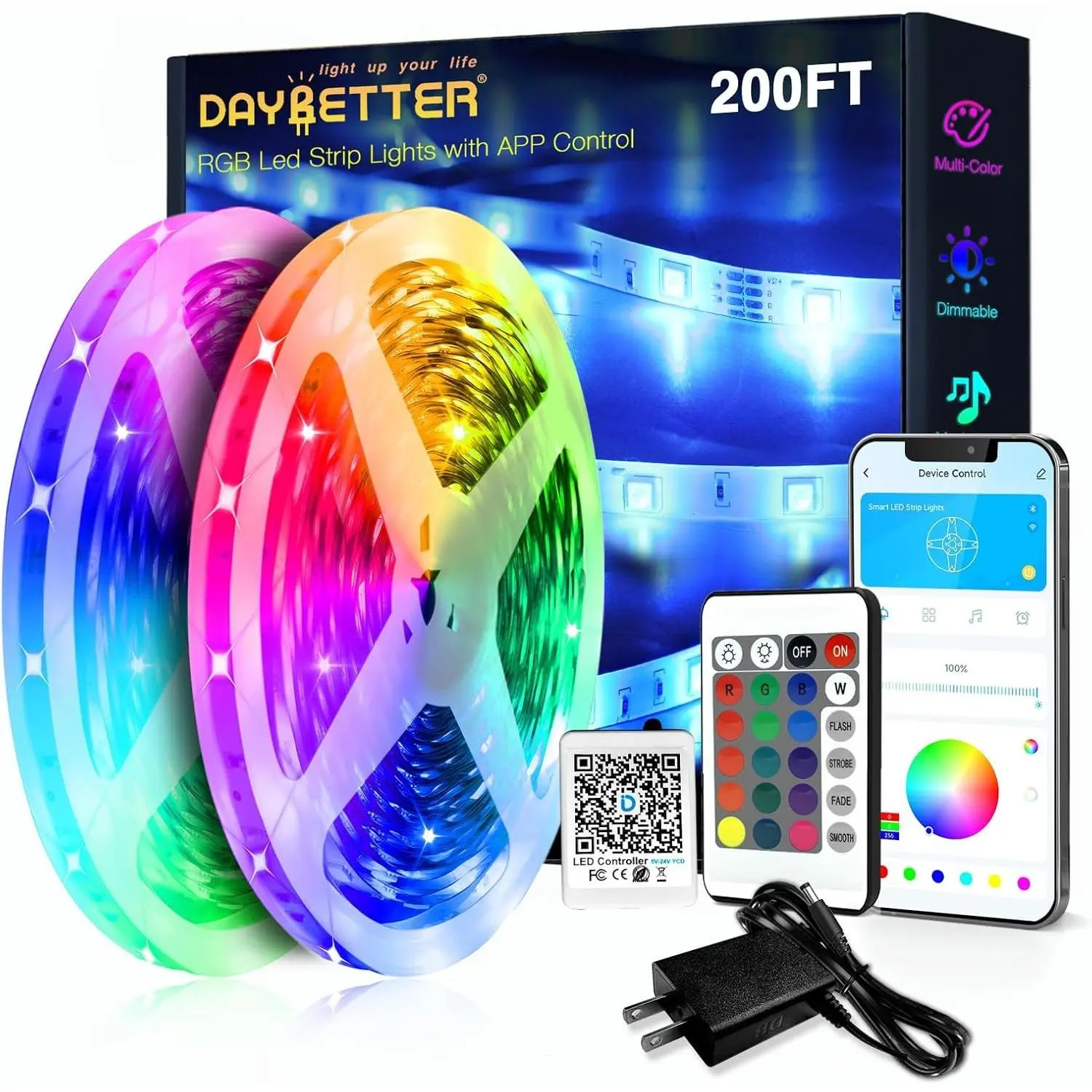 LED Strip Lights 200ft (2 Rolls of 100ft), Color Changing Lights Strip for Bedroom, Desk, Indoor, Room Bedroom, Girl Boy Brithday Gifts RGB Decor with Remote and 24V Power Supply