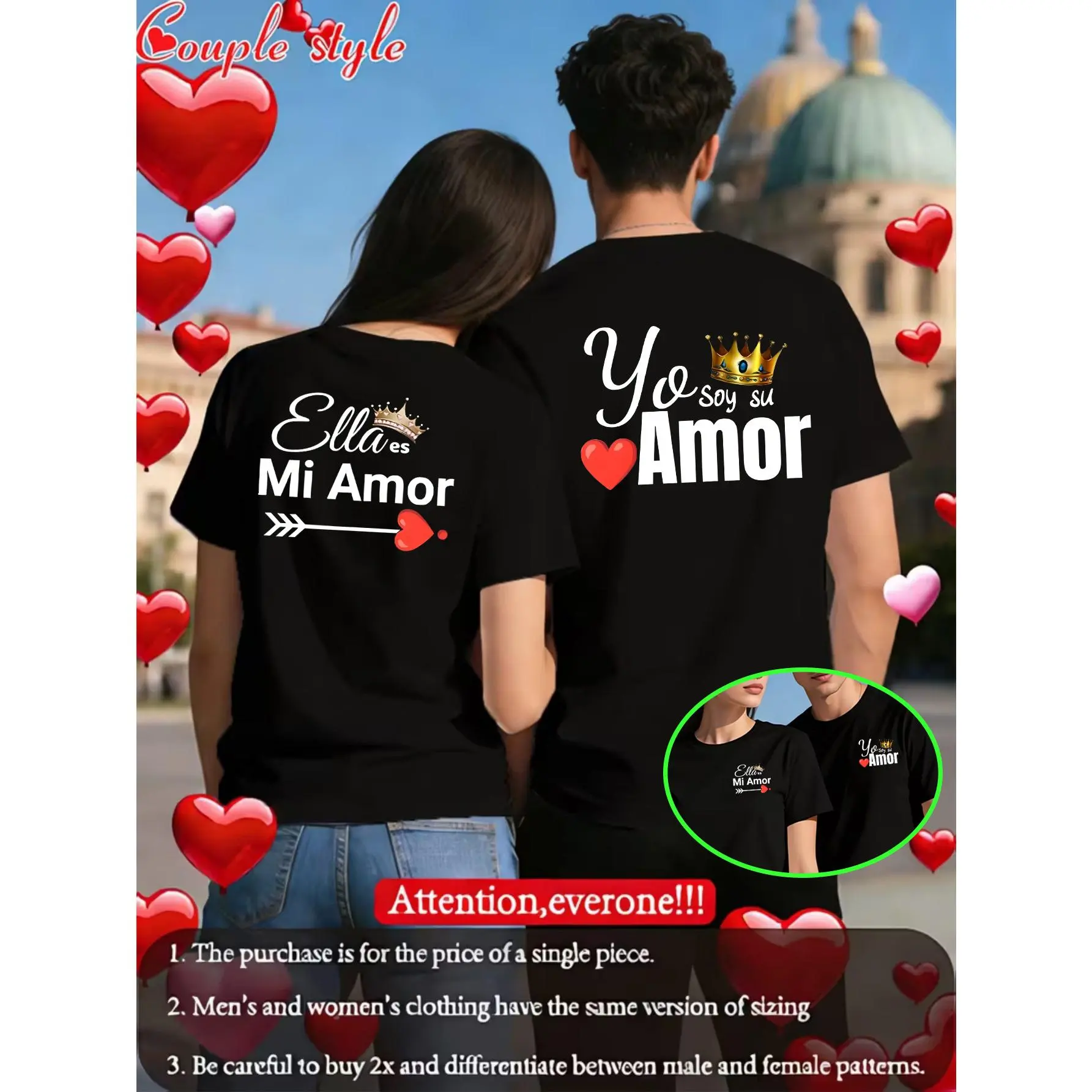 Couples' Money-couple's 'Crown Love' Creative Printed T-shirt-casual Breathable Polyester Fiber, Slightly Elastic Knitted Fabric, Short-sleeved Round Neck, Perfect Choice for Daily Dating.