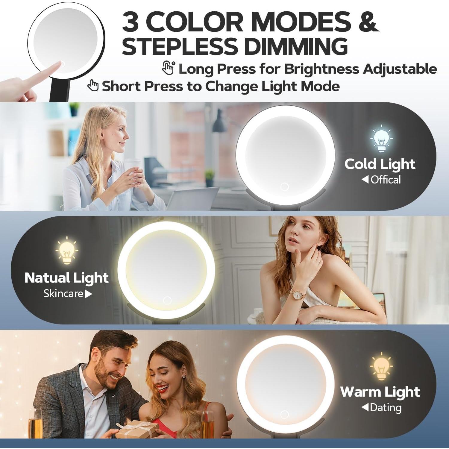 Lighted Makeup Mirror, 30X Magnifying Mirror with Light, Hanging and Handheld Mirror with Handle,Black