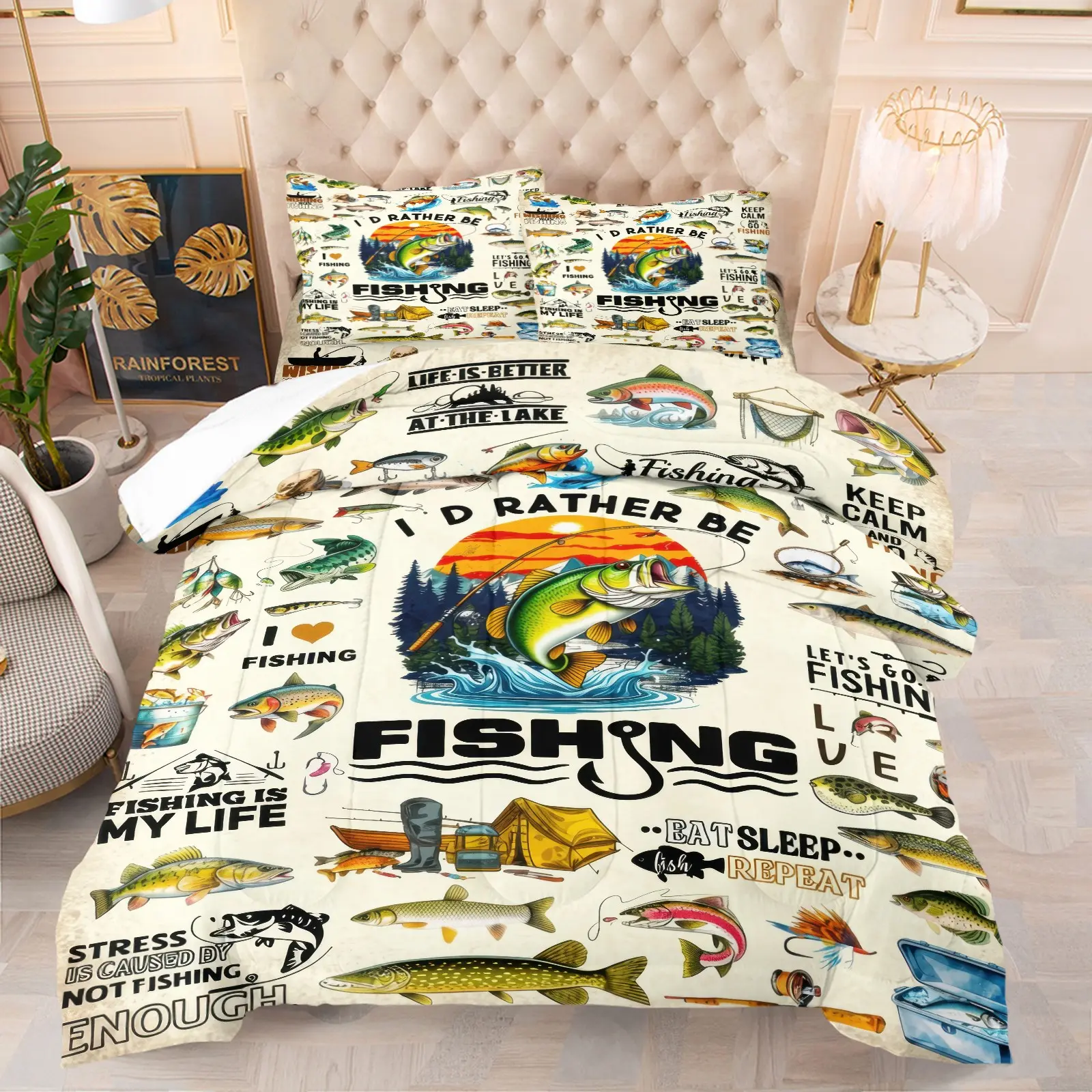 American Vintage Realistic Fishing Quilted Comforter Set, Smooth Soft Breathable Bedding ,1 Comforter and 1-2 Pillow cases, Sticker Layout Fishing Pattern With Fish Hooks & Slogans, Outdoor Fishing Themed Decor