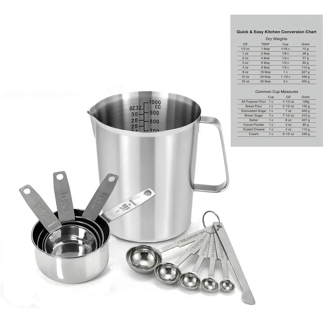 12- Measuring Cups and Spoons Set with 1L (32oz) 304 Stainless Steel Measuring Pitcher, Heavy Duty Baking Tools for Liquid & Dry Ingredients, Kitchen Cooking & Baking