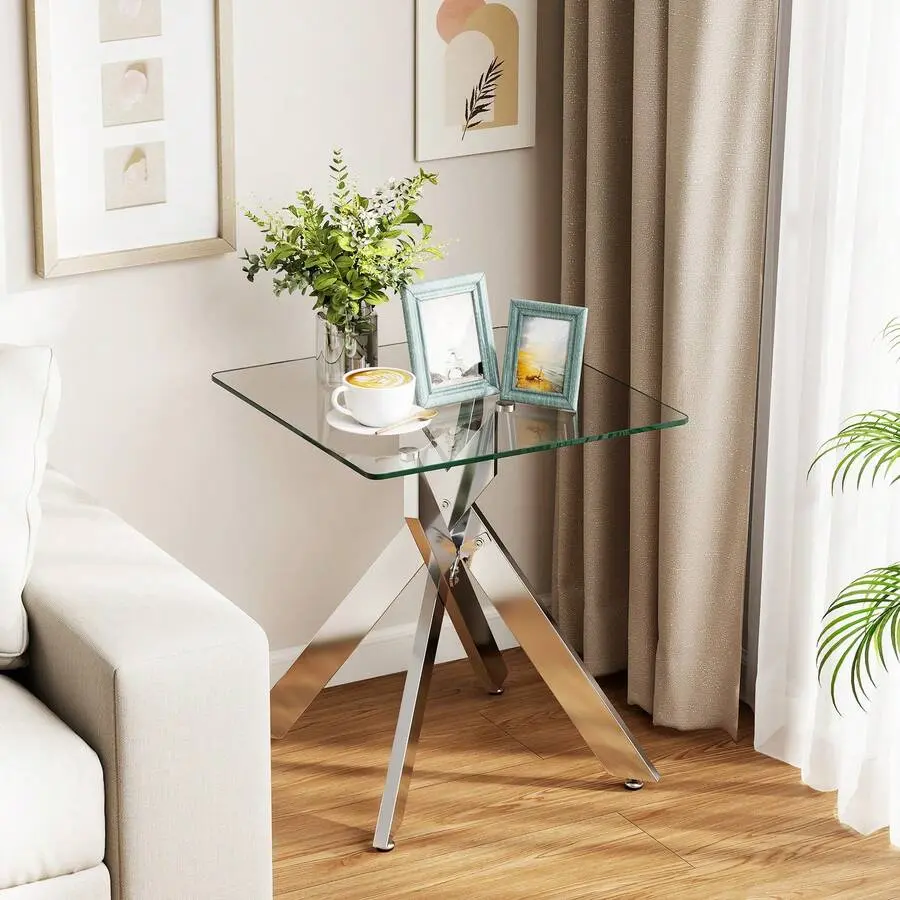 Glass Side Table Square End Table W/Tempered Glass Top & Metal X Base Silver,Adjustable,Mobile,Standing,entryway,gaming,desk,office,,affordable,dining,bedroom,vanity,,coffee,set