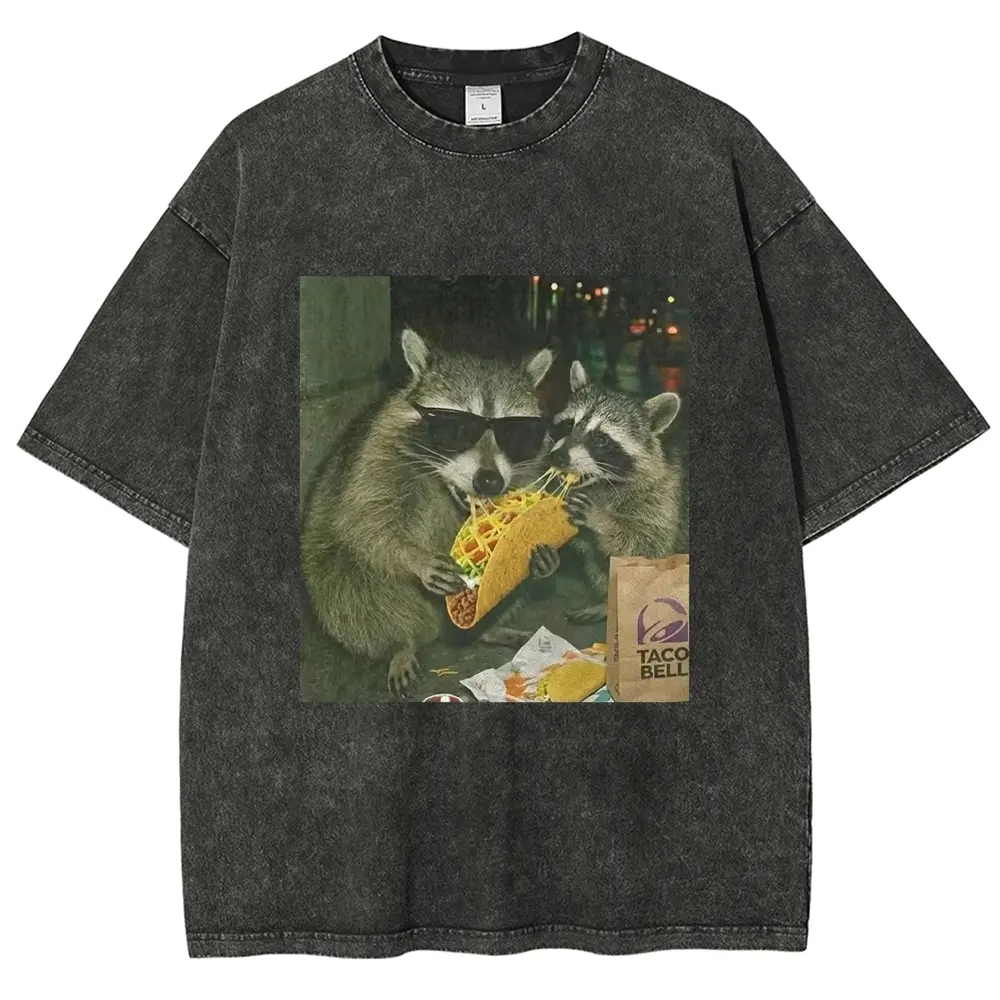 Vintage Washed Graphic T-Shirt, Cool Raccoons Sharing Taco Funny Animal Meme Casual Short Sleeve Top