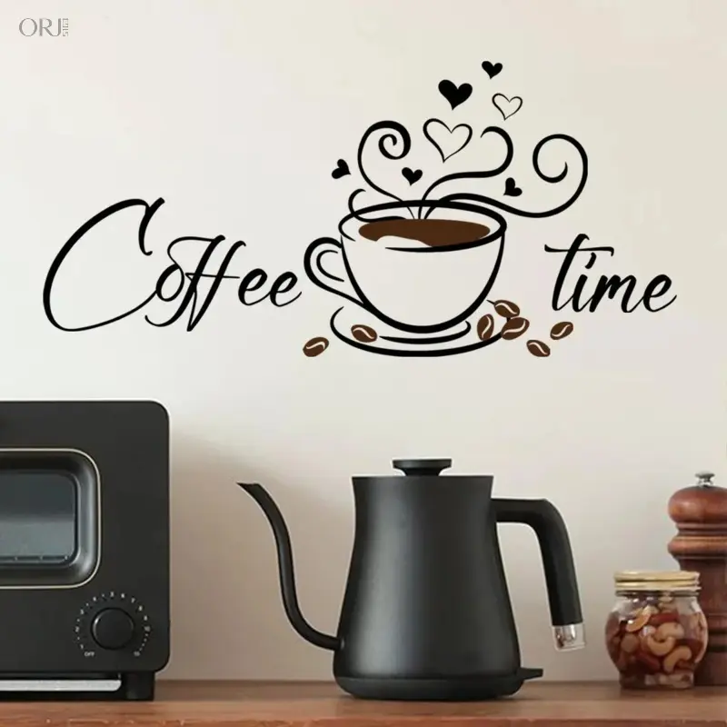 PVC Coffee & Letter Pattern Self-Adhesive Easy-Remove Wall Decal (1 Pack) - Renter-Friendly DIY Warm Cafe-Style Decor Sticker for Kitchen - Multicolor Resin Rhinestone Black Stainless Steel Gold Charm Pendant