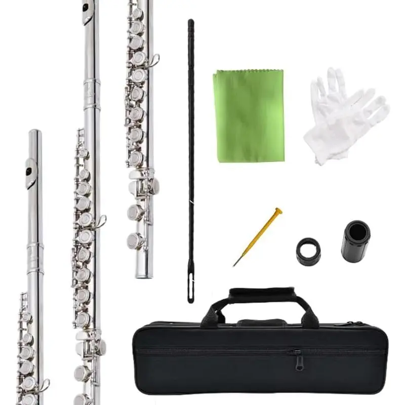 flute 16-hole closed-hole C-tone nickel-plated, beginner to play graded flute, with box and cleaning kit.