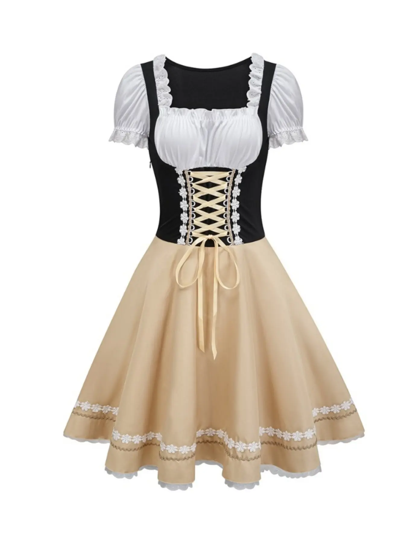Womens Off Shoulder Dirndl Dress Lace Trim Puff Sleeve Bavarian Costume, Oktoberfest Maid Fancy Dress for Halloween Party