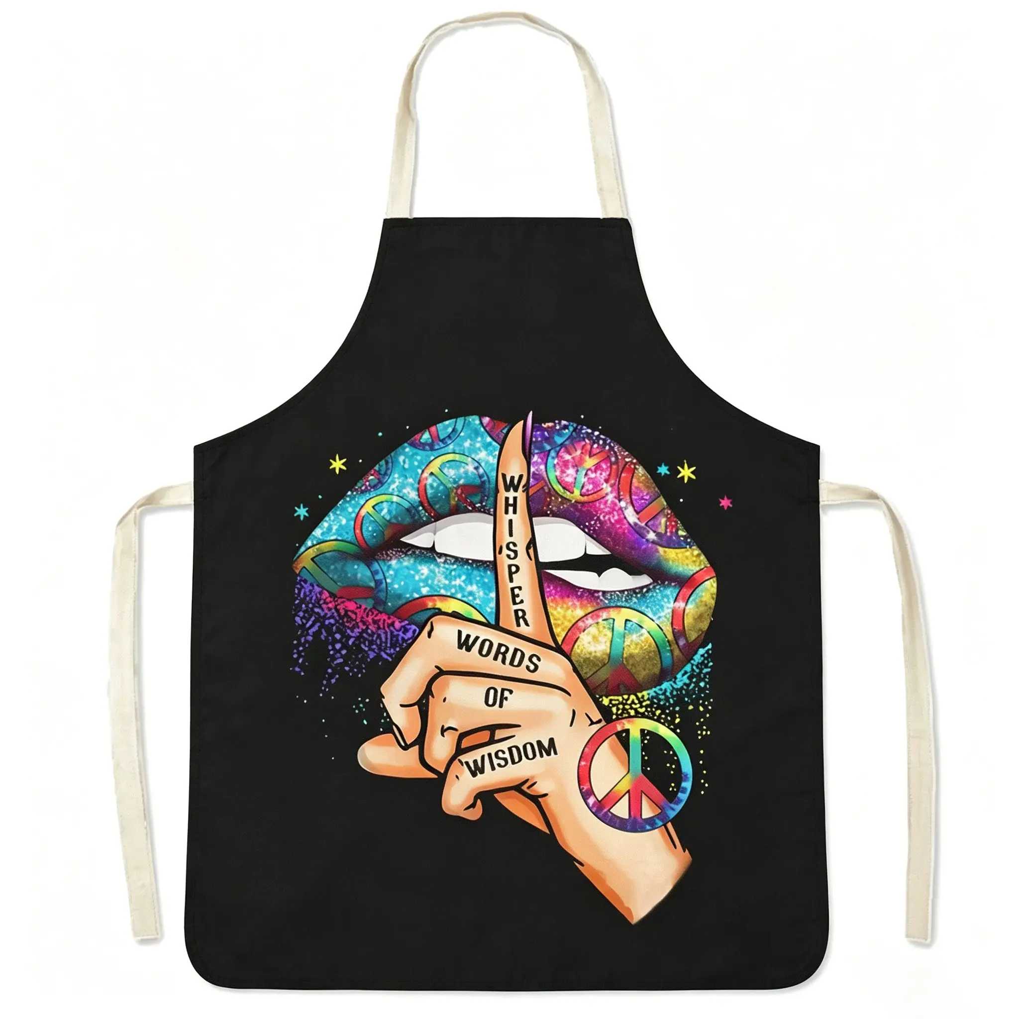 6 Unique Print Aprons, Rose Moon, Rainbow Heartbeat Music Notes, Peaceful Lipstick, Retro Musical Notations, Cream Tie, Ideal for Musicians, Tattoo Artists, Bakers, Hippies
