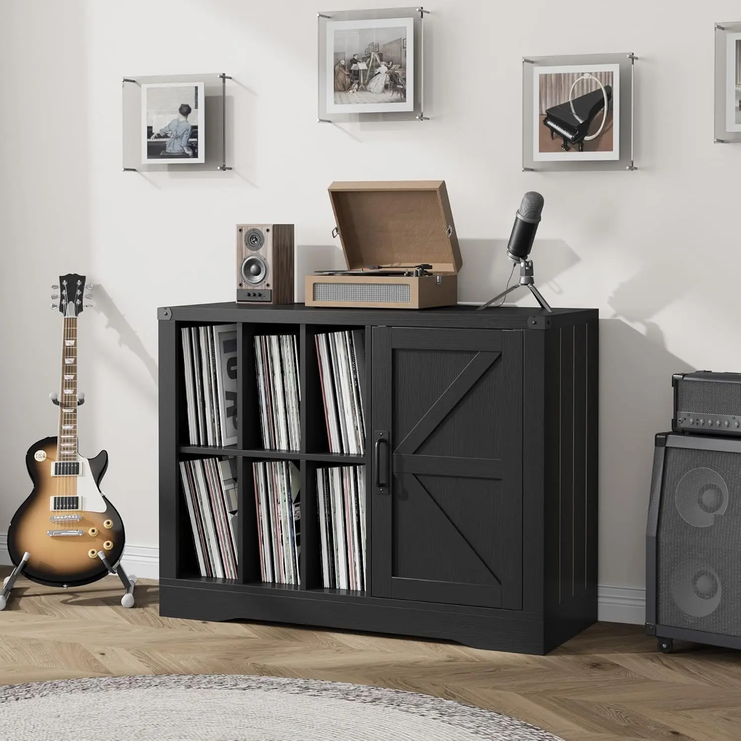 Farmhouse Record Player Stand Cabinet - Holds 750+ Vinyl Albums, 6 Adjustable Display Shelves, Wooden Media Console for Turntable, Speakers, CDs & DVDs,Black
