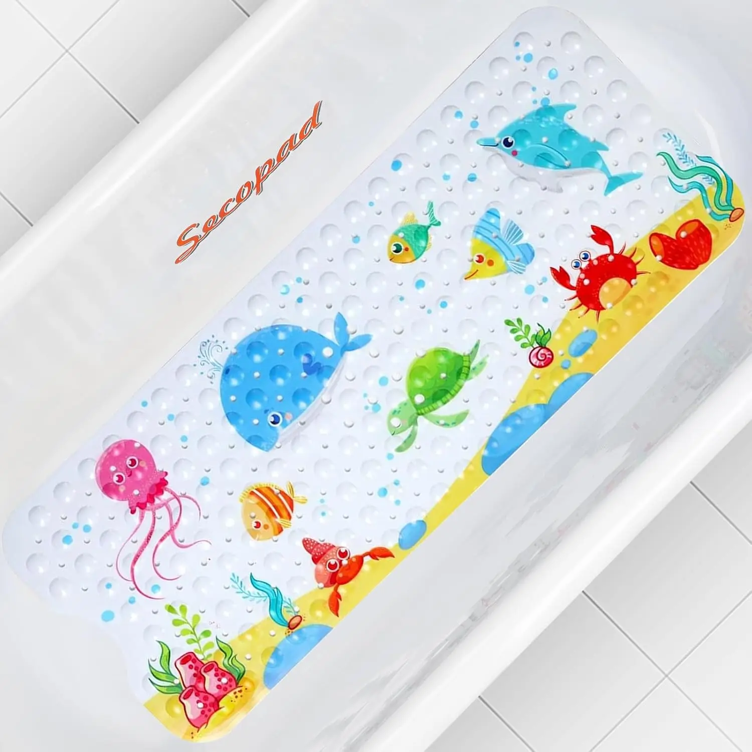 Bath Mat for Tub Non Slip, Machine Washable Anti-Slip Cartoon Baby Shower Mat with Drain Holes and Suction Cups for Toddler & Kids, 40 Inch x 16 Inch-Rectangular, Little