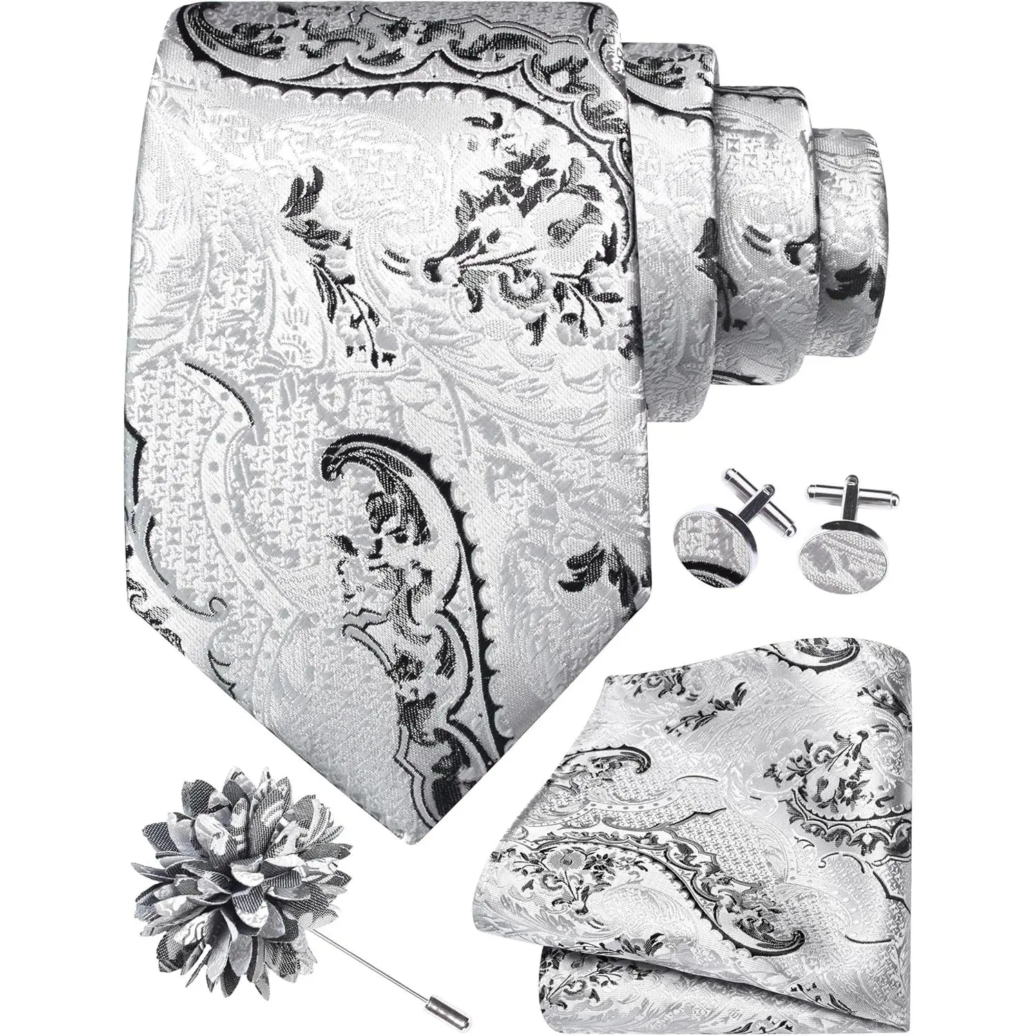 8cm Paisley Tie Set for Men Necktie Lapel Pin Pocket Square Cufflinks Set for Men