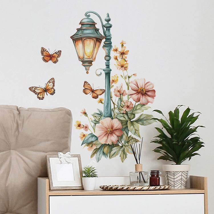 Creative Retro Streetlight Flowers Wall Stickers For Living Room Decor Mural Bedroom Door Home Decoration Self-adhesive Decals