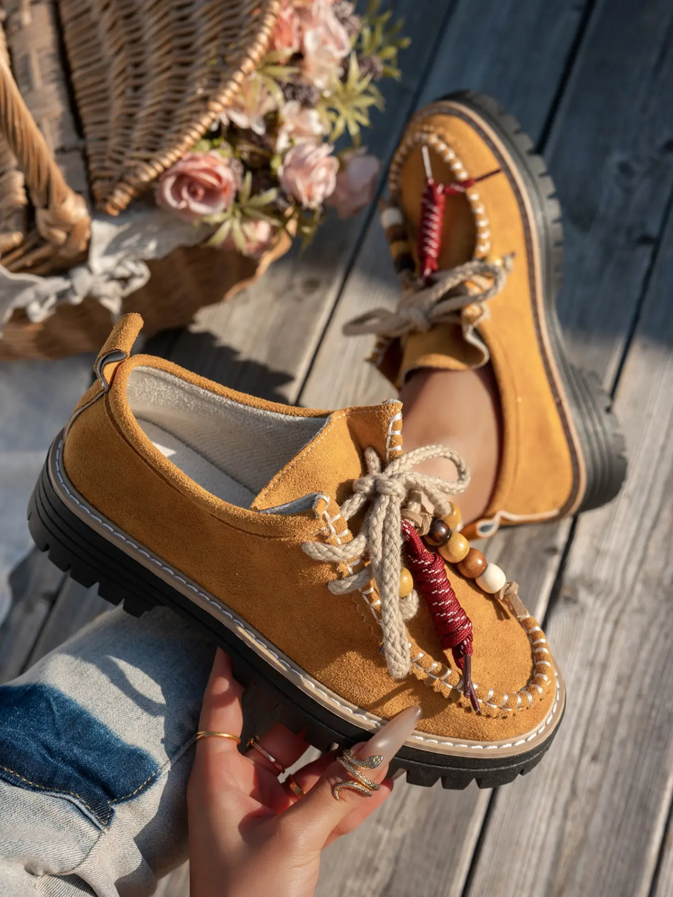 American Western Style Thick Sole Flatform Loafers, Hemp Rope Wood Bead Decoration, Round Toe Platform Shoes for Students, Fall Winter Casual Footwear
