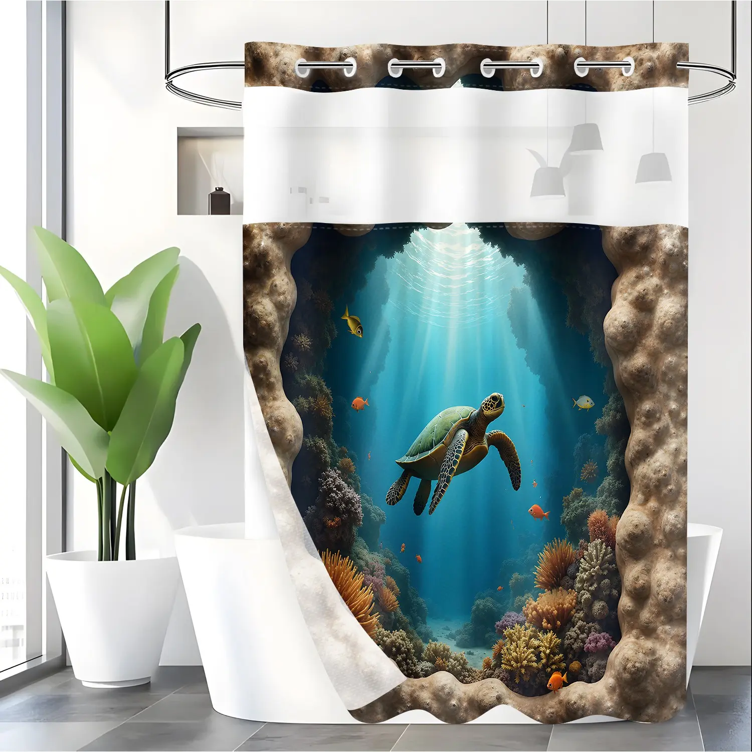LVRLVR 1pc Ocean Cave Turtle Hookless Decorative Shower Curtain, Underwater Print, Sheer Top Window, Detachable Liner & No Hook C-Ring, 70.8" x 74"