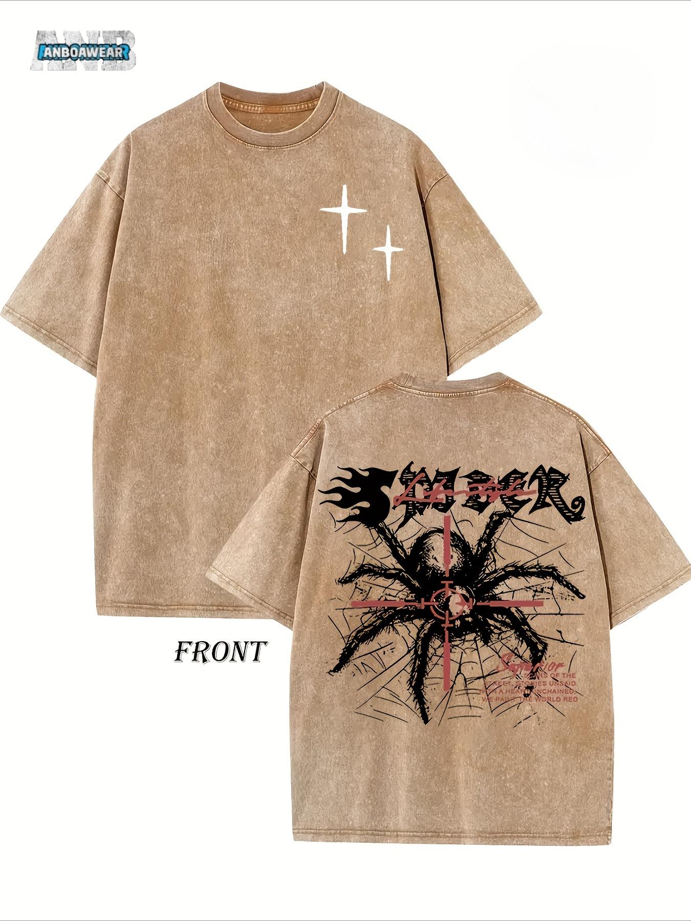 Vintage Harajuku Street Spider Double-Sided Print Pattern, Men's Vintage Streetwear Basic T-Shirt, Loose Hip-Hop and Androgynous Top, Washed Cotton Short-Sleeved Round-Neck T-Shirt for Summer Outdoor Men's Clothing.