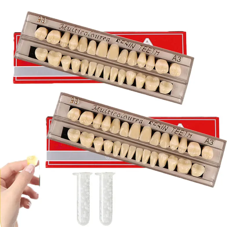 56 PCS 23 Shade A3 Complete Acrylic Resin Denture Teeth, 2 Sets Full Upper and Lower Synthetic Polymer False Teeth, Professional Dental Prosthesis Materials for Tooth Replacement, DIY Craft Making and Halloween Horror Props
