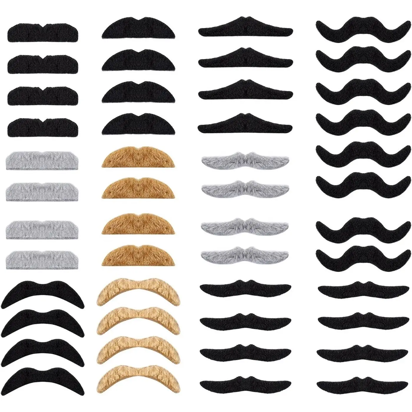 48-Count Playful Self-Adhesive Fake Mustache Prop Set, Synthetic Artificial Fiber Selfie Accessory with Varied Shapes for Costume, Halloween Festival Party