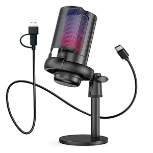 USB Condenser Microphone, RGB Lighting Microphone with Stand, Professional Microphone for Recording, Live Streaming, Gaming, Karaoke Singing, Audio, Tripod Mic, Live Streaming Equipment, Podcast Studio Equipment