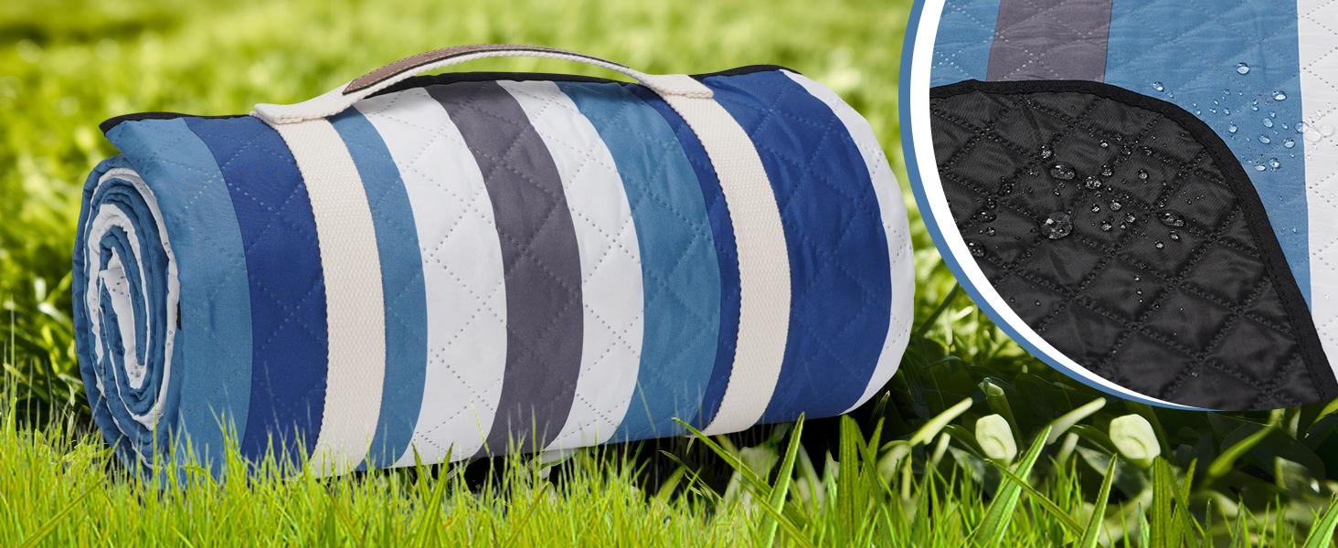 Picnic Blankets Outdoor - 80"x80" Waterproof Beach Blanket, Machine Washable 3-Layer Foldable Park Mat with Sandproof Backing for Grass, Hiking, Travel, Concerts, Indoor (BlueStrip)